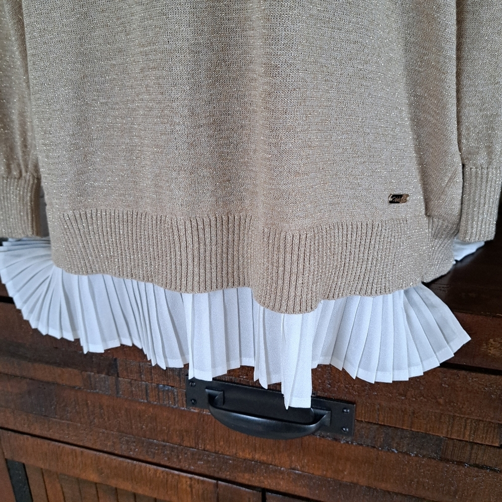 Calvin Klein Sweater 3/4 Sleeve Gold Metallic Size Large Cream Layered Blouse - Picture 6 of 14